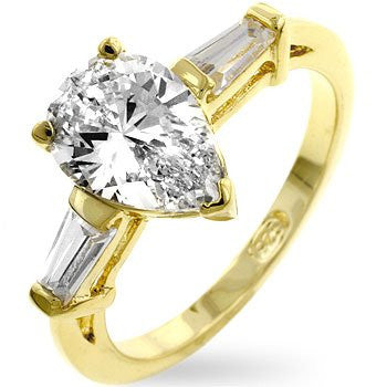 Pear Cut and Baguette 14K Gold over .925 Sterling Silver Ring