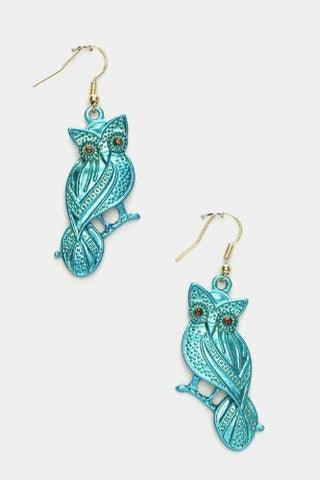 Crystal Eyed Teal Owl Earrings