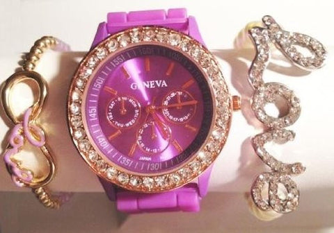 Lavender Love & Kisses Stacking Watch Set with Crystal Bracelets