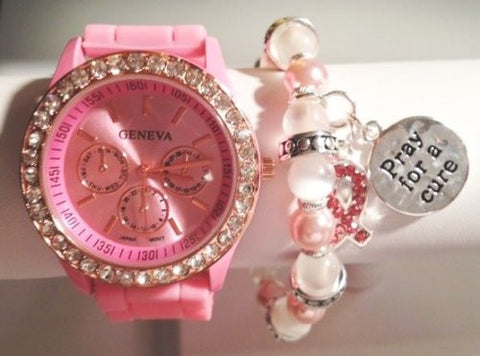 Breast Cancer Awareness - The Hope Stacking Watch Set with Crystal Bracelets