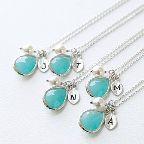 Turquoise & Pearl Silver Initial Drop Necklace