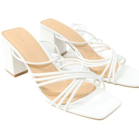 NIB  Pretty Little Thing - White Square Toe Strappy Block Heeled Sandals