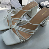 NIB  Pretty Little Thing - White Square Toe Strappy Block Heeled Sandals