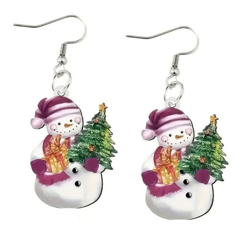 Snowman with Tree Christmas Holiday Earrings.