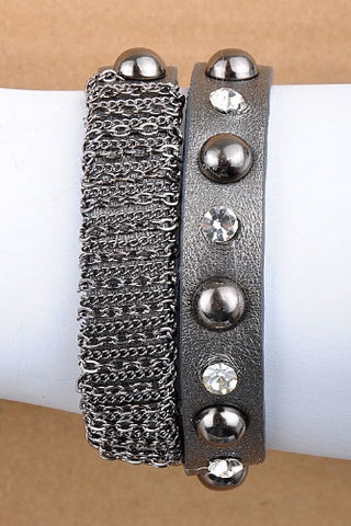 Gunmetal Leather with Crystals & Chain Bracelet