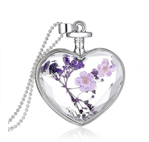 Purple Dried Flower Heart Necklace