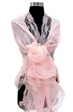 100% Linen Shawl with Lace in Light Pink / Peach Pink