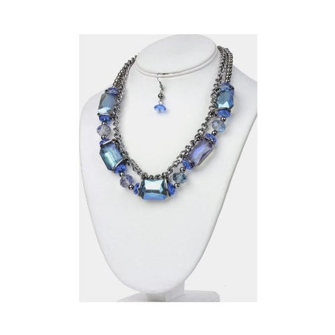 Blue Glass Bead & Chain Statement Necklace and Earring Set