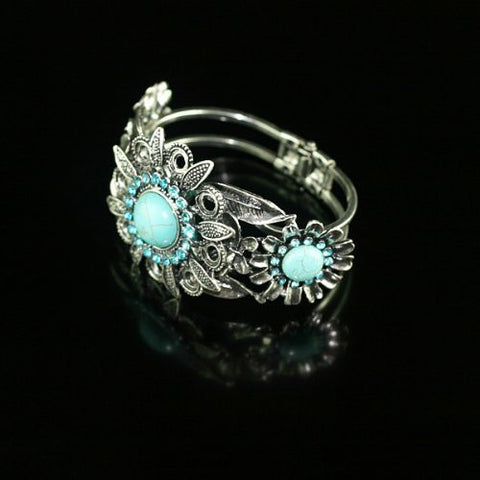 Silver Genuine Turquoise Two Daisy Bracelet