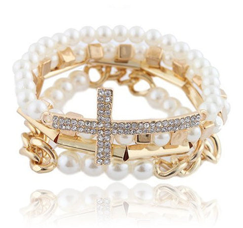 Stacked Side-Cross & Pearl Bracelet