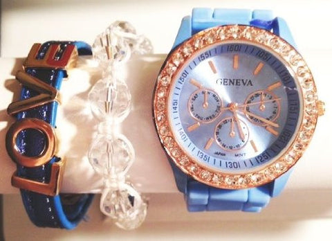 Crystal Blue Persuasion Stacking Watch Set with Crystal Bracelet