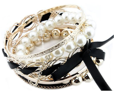 Braided Pearls & Ribbon Bangle Bracelet