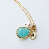 18k Gold Turquoise & Pearl Initial Drop Necklace