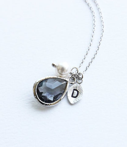 Charcoal & Pearl Silver Initial Drop Necklace