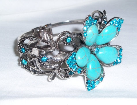 Turquoise and Blue Rhinestone Silver Flower Bracelet