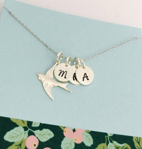 Mom's Silver Dove and Initial Monogram Necklace