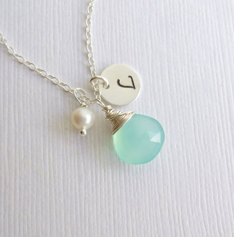Chalcedony & Pearl Silver Initial Drop Necklace