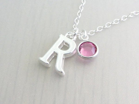 Silver initial and Swarovski Birthstone Necklace