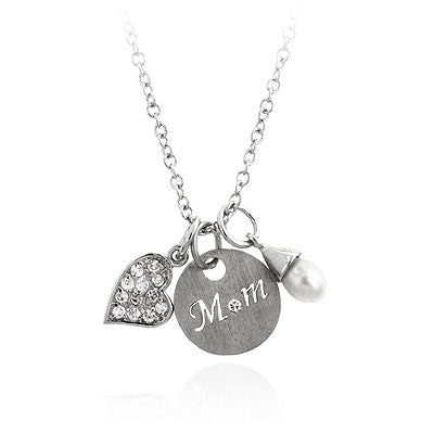 White Gold & Pearl Mom Charm Necklace
