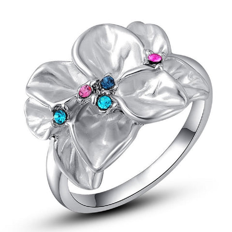 Silver Austrian Crystal Flower Ring