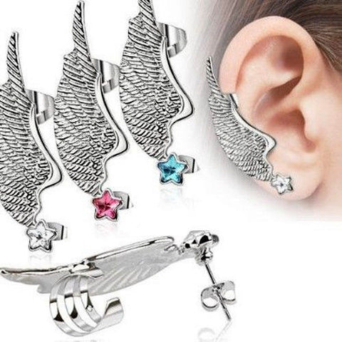 Angel Wing Earring Cuff with Aqua Star